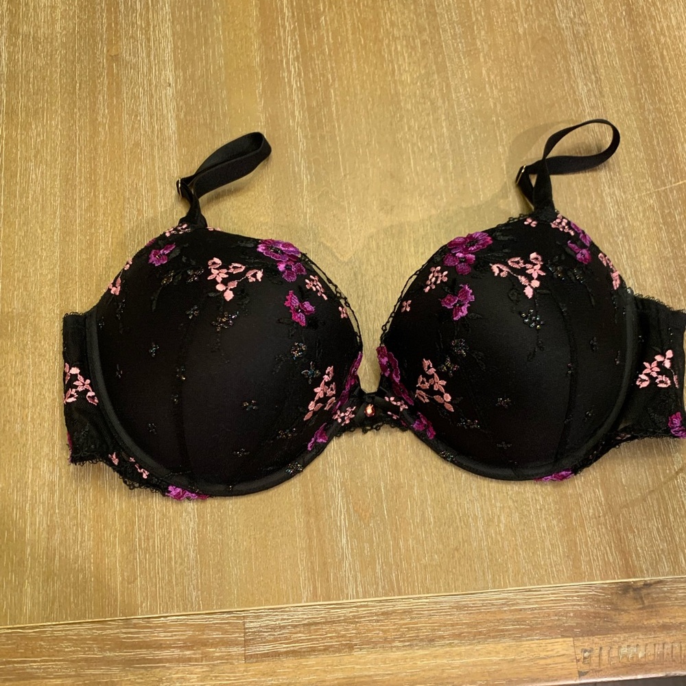 Black Push-Up Bra with Pink & Purple Floral Embroidery